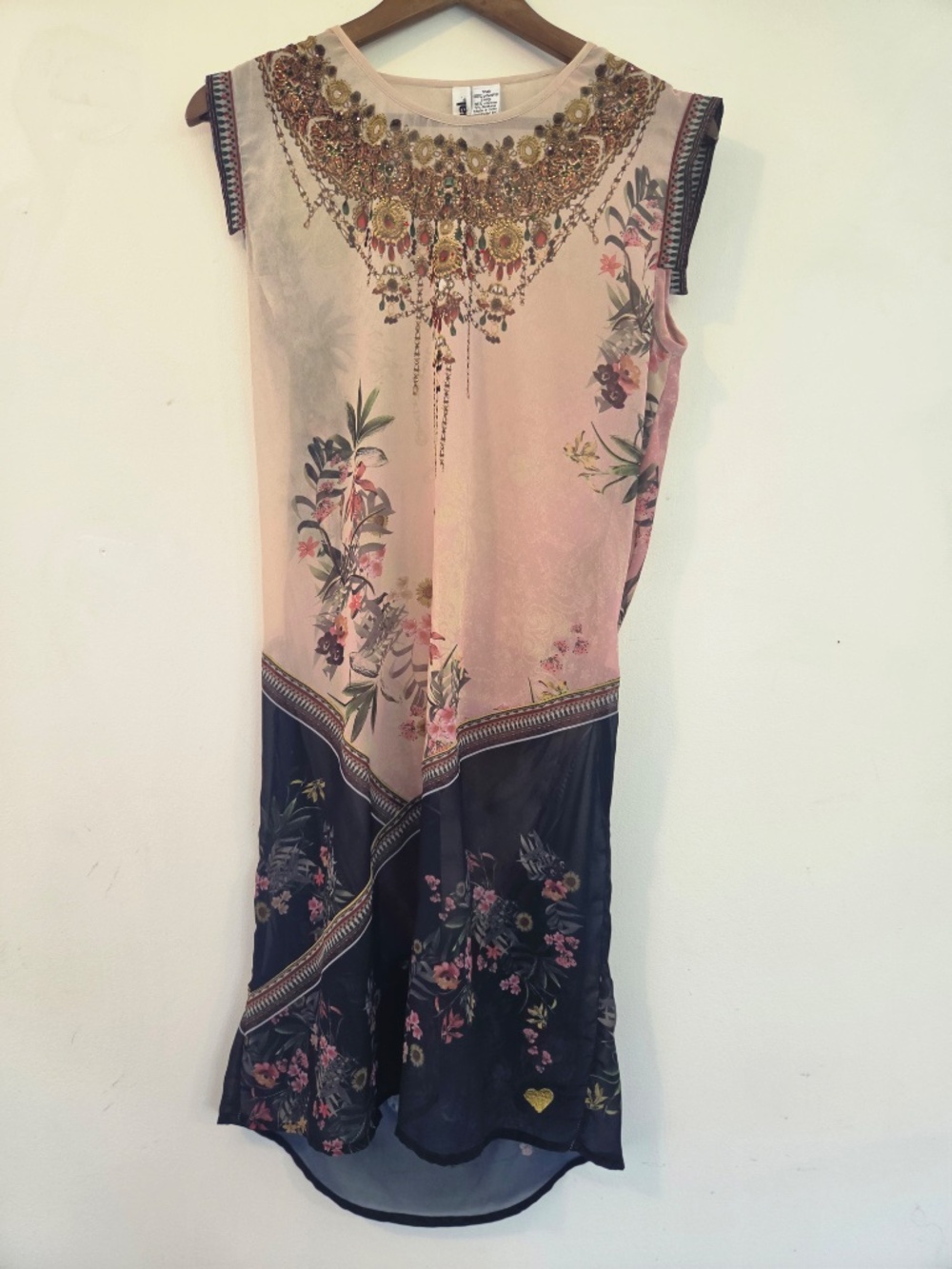 Desigual dress L pink/black midi hi/low metallic florals gems sleeveless boho - Picture 3 of 16